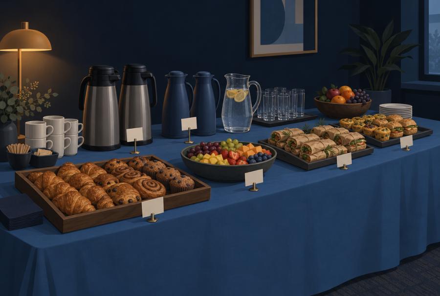 Illustration: a workshop table with coffee carafes, water, pastries, fruit and labeled snacks