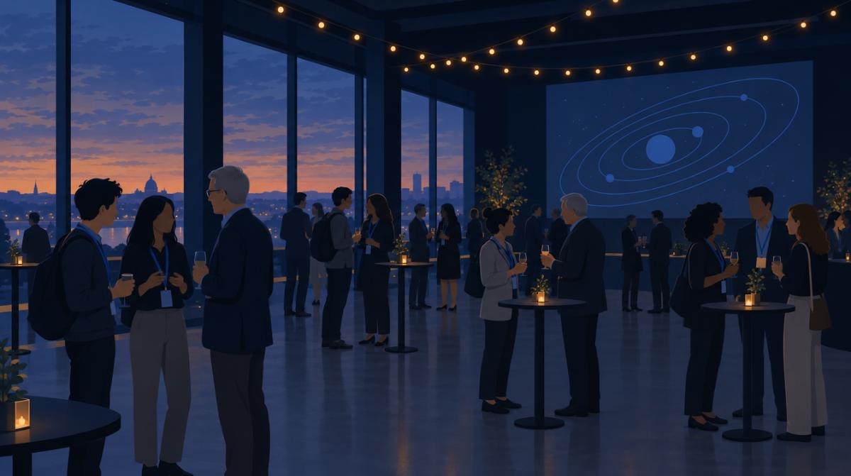 Illustration: small groups of people talking at an evening reception with an orbit diagram projected on the wall