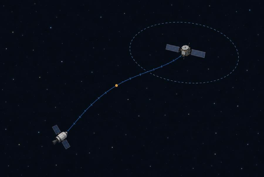 Illustration: a chaser spacecraft follows a curved approach path toward a target satellite