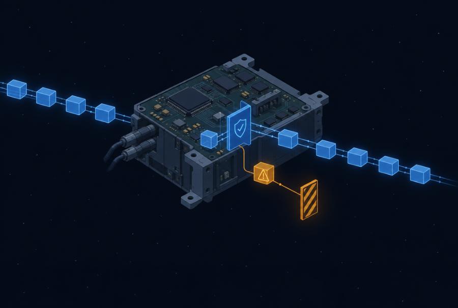 Illustration: a flight computer module with a stream of command blocks, one stopped at a barrier
