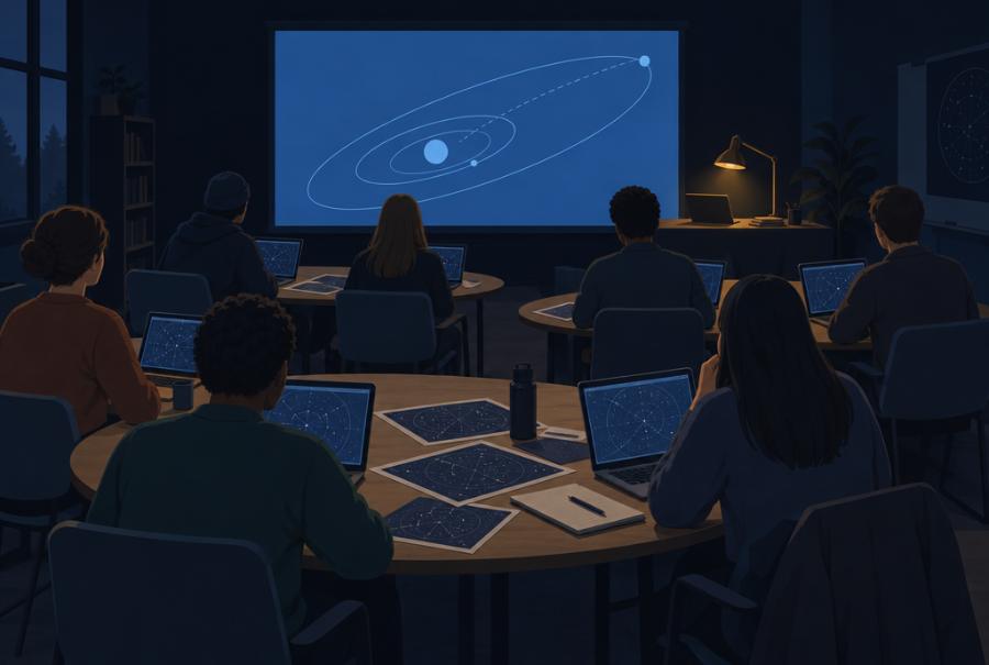 Illustration: participants at round tables with laptops facing a screen showing an orbit diagram